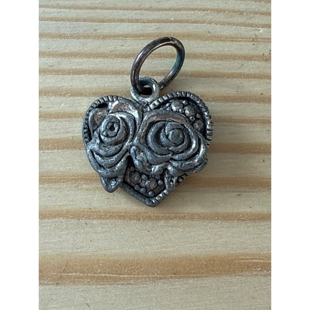Heart-Shaped Vintage Silver-Tone Rose Pendant Charm